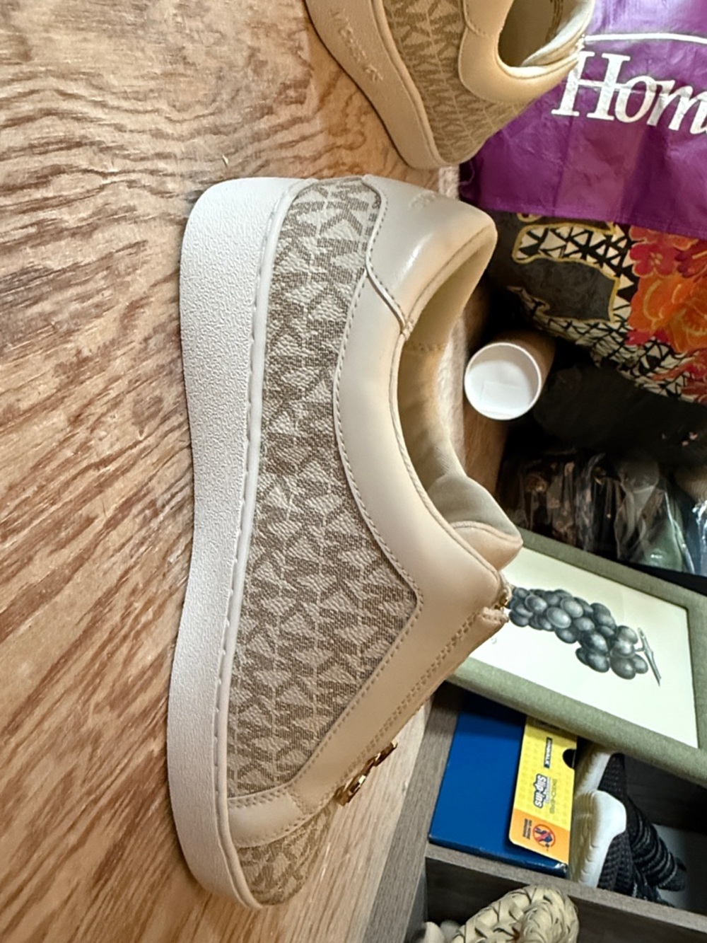 Michael Kors Beige and White Monogram Zip-Front Slip-On Sneakers - Picture 4 of 9